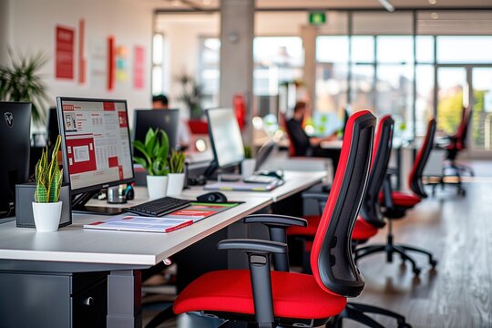 Well lit office scene. Red ergonomic chairs and working desk. Computers and workers in the background.