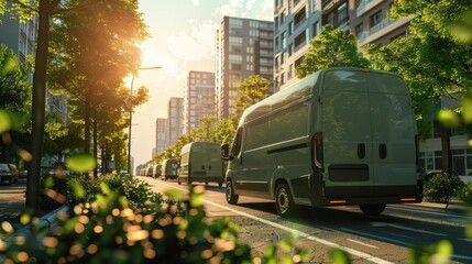 Naklejka premium Ecofriendly electric delivery vans in a city, sustainable transport, green logistics