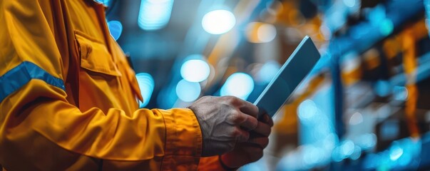 Warehouse workers collaborating using digital tablets, team coordination, modern logistics solutions