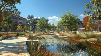 Fototapeta premium A BIM-enhanced visualization of a technology campus, showcasing research facilities and collaborative work environments