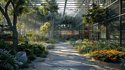 Obraz premium A BIM-enhanced visualization of a technology campus, showcasing research facilities and collaborative work environments