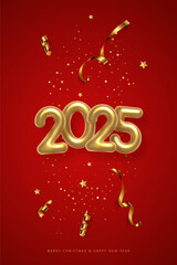 2025 balloon numbers on New Year greeting card vector template. Festive Christmas social media banner design with congratulations. Golden numbers with confetti illustration on red vertical background