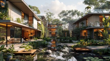 A conceptual visualization of a BIM-driven eco-community, integrating sustainable housing, renewable energy, and shared amenities