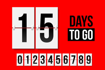 Countdown days to go poster. Count time display with all numbers from zero to nine. Sales or promotion clock. Realistic vector illustration isolated on red