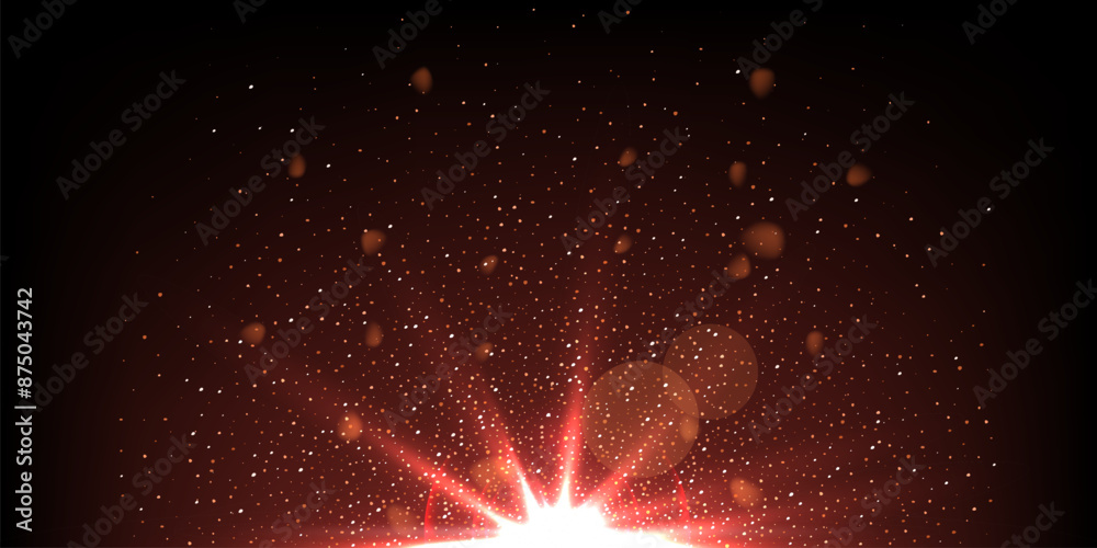 Wall mural red light flash effect with shine glow rays on black horizontal background. flare of light with rays