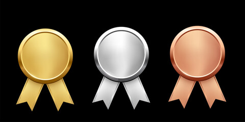 Medals for first, second, third place with ribbons. Gold, silver and bronze ranks on black background. Award nomination. Championship in sport or movie vector illustration.