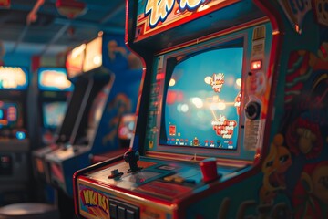 A vintage 90s arcade game machine with colorful graphics and joystick controls, captured in a nostalgic light