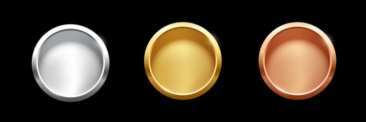 Award golden, silver and bronze blank medals 3d vector realistic illustration. First, second and third place medals or buttons isolated on black background. Quality blank, empty badge, emblem set