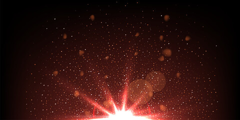 Red light flash effect with shine glow rays on black horizontal background. Flare of light with rays beams in dark space. Bright spark shining vector illustration