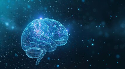 A glowing blue and purple brain, reminiscent of a digital network, floats in a dark blue, starry space. .