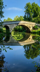 Harmonious Balance: A Symmetrical Bridge Reflecting on Calm Water Surrounded by Lush Greenery and Clear Sky