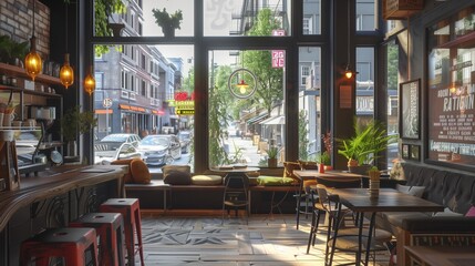 Fototapeta premium A chic urban caf?(C) with industrial decor, cozy seating nooks, and large windows offering a view of a bustling street.