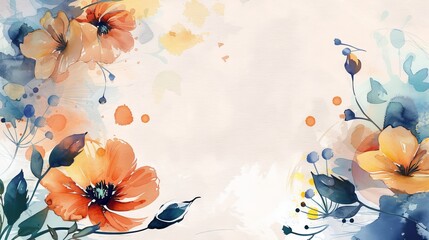 Watercolor painting of orange and yellow flowers on a white background. The flowers are surrounded by blue and green foliage.
