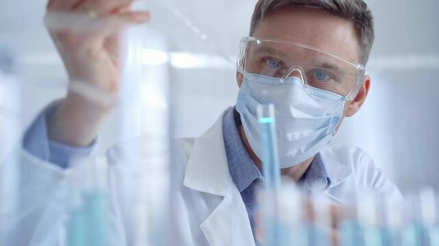 Man with safety glasses and blue mask is working with lab tubes using a pipette in a modern laboratory, close-up of researcher. Science and medicine