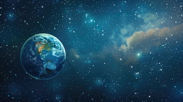 Planet Earth in space surrounded by stars on dark background Science ecology environment conservation World Earth Day idea with room for text