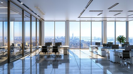 A contemporary office space with open workstations, glass partitions, and a panoramic view of the city through floor-to-ceiling windows.