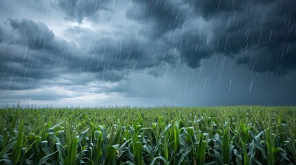 Rain falls over a green cornfield as storm clouds gather overhead