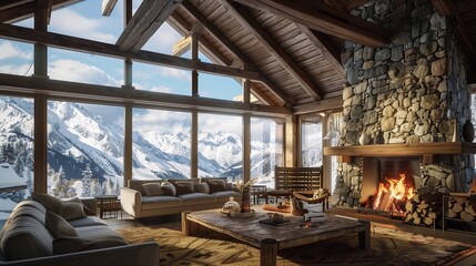 A cozy mountain cabin with a large stone fireplace, rustic furniture, and panoramic windows overlooking snow-capped peaks.