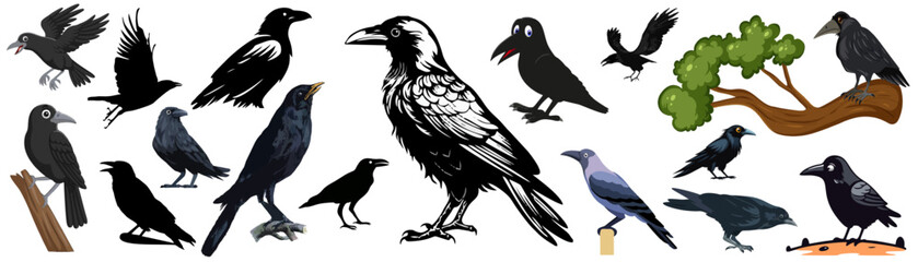Flock of crows isolated, silhouette flying high with its wings feathers in american city and sitting on the tree icon vector illustration