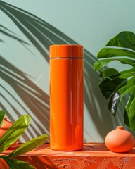 A bright orange thermos bottle sits on an orange painted surface, accented by green leaves and shadows, in a minimalist, contemporary still life.
