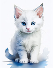 Obraz premium A watercolor illustration of a fluffy white kitten with bright blue eyes