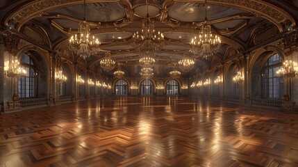 Fototapeta premium A grand ballroom with ornate chandeliers hanging from a vaulted ceiling, and a polished parquet floor ready for an elegant dance.