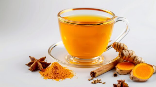 A cup of turmeric tea with cinnamon sticks, star anise, and turmeric root
