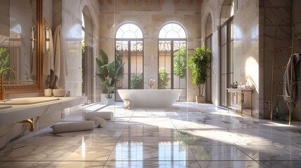 A luxurious bathroom with marble floors, a freestanding bathtub, and large windows with a view of a private courtyard.