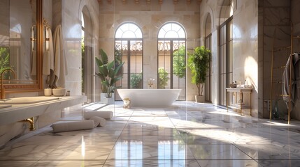 A luxurious bathroom with marble floors, a freestanding bathtub, and large windows with a view of a private courtyard.