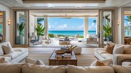 A luxurious beach house living room with coastal decor, plush seating, and large sliding glass doors opening to a view of the ocean.