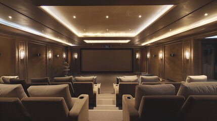 A luxurious home cinema with plush seating, a large screen, and dimmable recessed lighting set into the high ceiling.