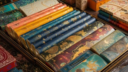 A collection of colorful, vintage books with celestial designs on their covers.