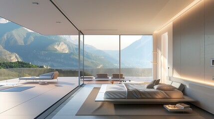 Obraz premium A minimalist bedroom with a floating bed, sleek furniture, and a wall of glass doors opening to a private balcony with a panoramic mountain view.