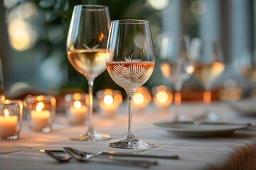 Naklejka premium Elegant table setting featuring wine glasses with leaf designs, candles, and soft lighting.