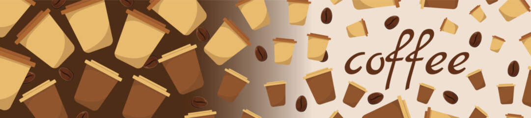 Logo Coffee and Cafe concept frame with coffee beans banner. Coffee paper craft cup poster