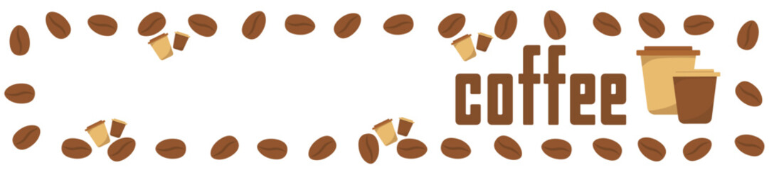 Logo Coffee and Cafe concept frame with coffee beans banner. Coffee paper craft cup poster