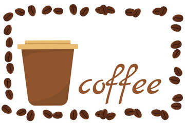 Logo Coffee and Cafe concept frame with coffee beans banner. Coffee paper craft cup poster