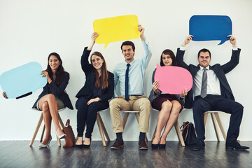 Fototapeta premium Business people, happy and waiting with speech bubble for job, interview and opinion on mockup space. Corporate, communication and portrait as recruitment, hr and voice for employee mental health