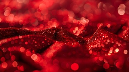 Decorative red glittering sequins on red cloth textile texture fashion background. 