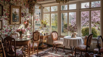 Fototapeta premium A quaint countryside tea room with floral wallpaper, vintage furniture, and large windows overlooking a blooming garden.