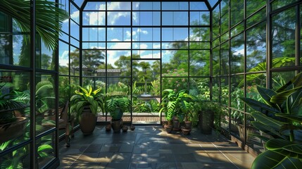 Fototapeta premium A serene conservatory with glass walls and ceiling, filled with exotic plants and a view of a lush outdoor garden.