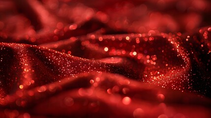 Decorative red glittering sequins on red cloth textile texture fashion background. 