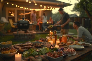 Fototapeta premium Summer Barbecue Gathering: Friends Enjoying a Meal Outdoors