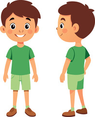 Smiling Cartoon Boy in Green Shirt Standing Front and Side