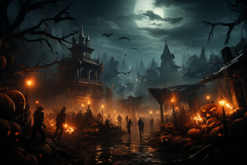 Obraz premium A Halloween party overrun by zombies with glowing jack-o'-lanterns scattered around