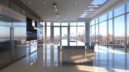 A sleek modern kitchen with stainless steel appliances, a large island, and windows offering a view of an urban landscape.