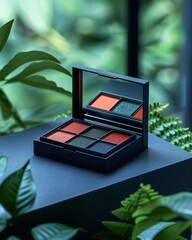 A stylish eyeshadow palette with red and green hues is displayed on a black table with a blurred green background, offering a perfect image for beauty and fashion blogs.
