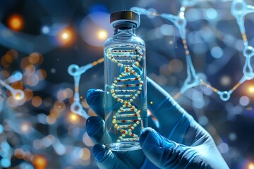 Fototapeta premium UK lab scientist biotechnologist holding glass ampoule phial with DNA strand 