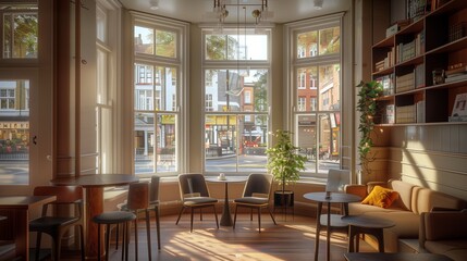 Fototapeta premium A stylish caf?(C) with modern furniture, a cozy reading nook, and large bay windows letting in ample natural light and a view of a bustling street.