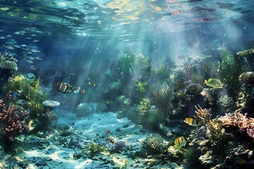 underwater world with different fishes and corals